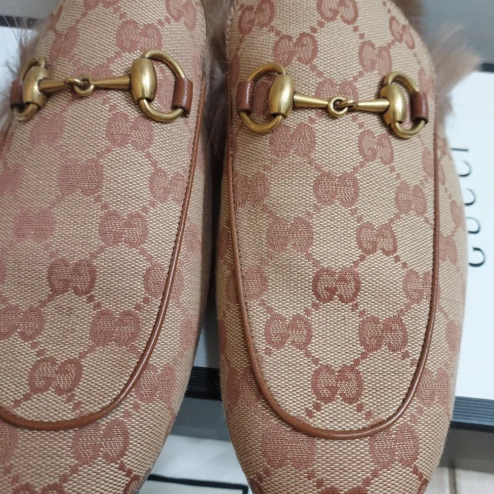 Gucci Beige GG Monogram Fur Princetown Mens Mules - Picture 2 of 10